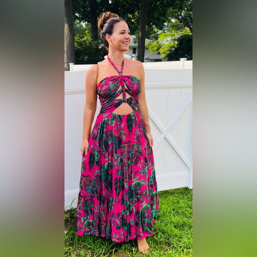 Farm Rio Leaves Cut Out Pink Halter Maxi Dress - Med